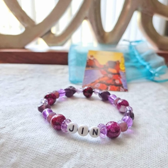 Purple and White Beaded BTS Jin Bracelet - Picture 5 of 5